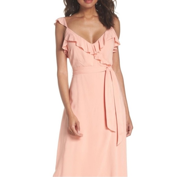 PAIGE Dresses & Skirts - Paige Regina Ruffle Tropical Peach Pink Vacation Travel W/ Slit Maxi dress Sz M